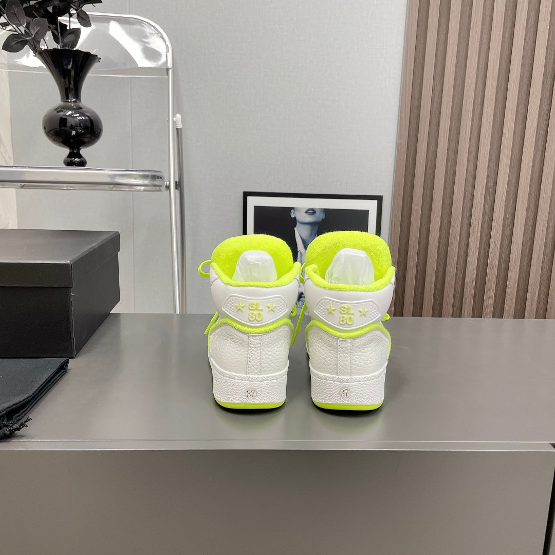 HIGH-TOP SNEAKERS IN WHITE MIX NEON GREEN CALFSKIN
