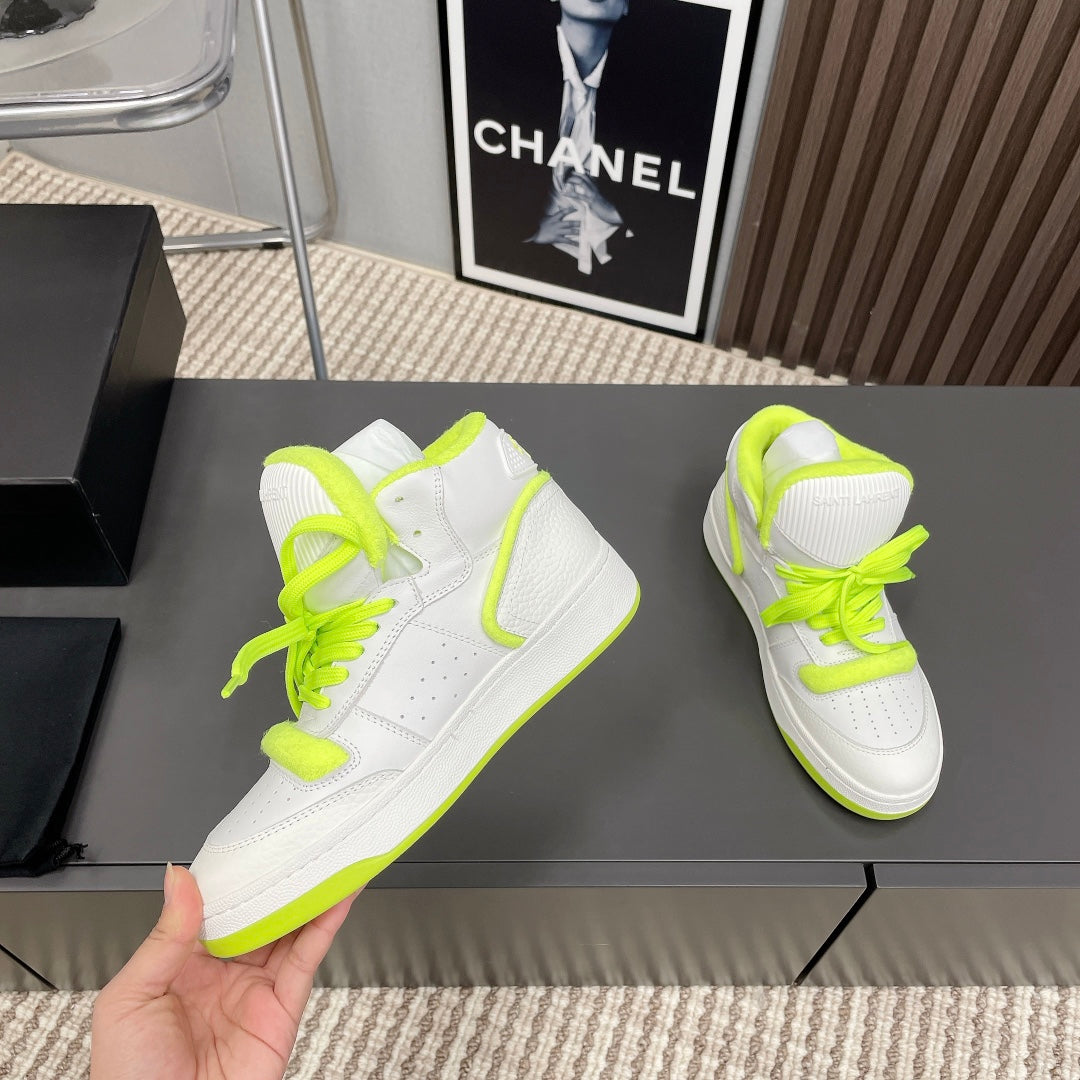 HIGH-TOP SNEAKERS IN WHITE MIX NEON GREEN CALFSKIN