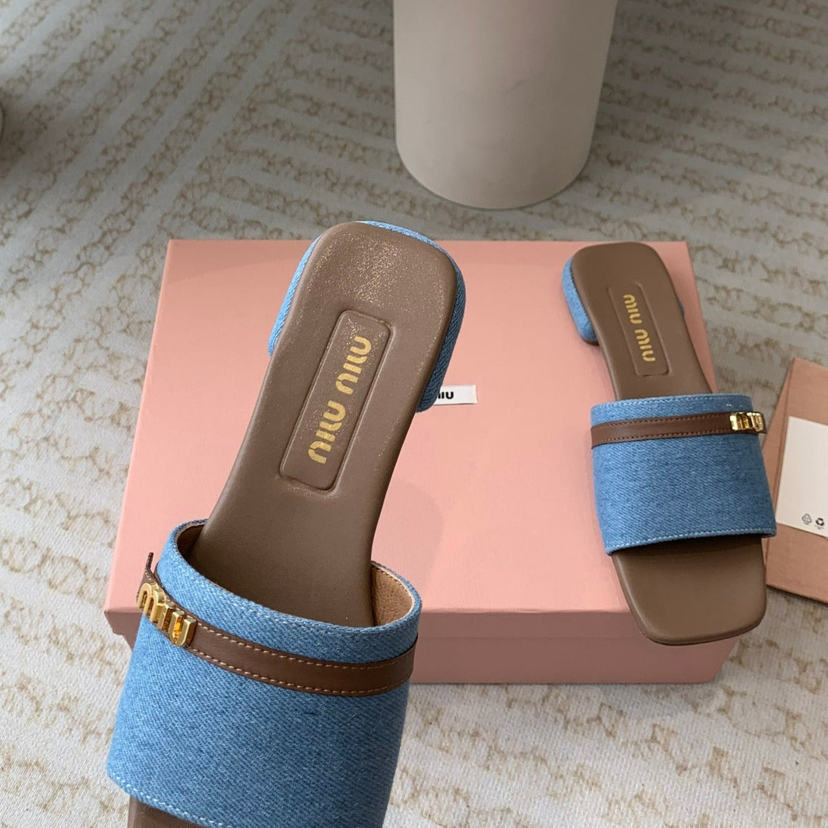 Women's Caramel Denim Slippers With Azure Blue Straps And Belt