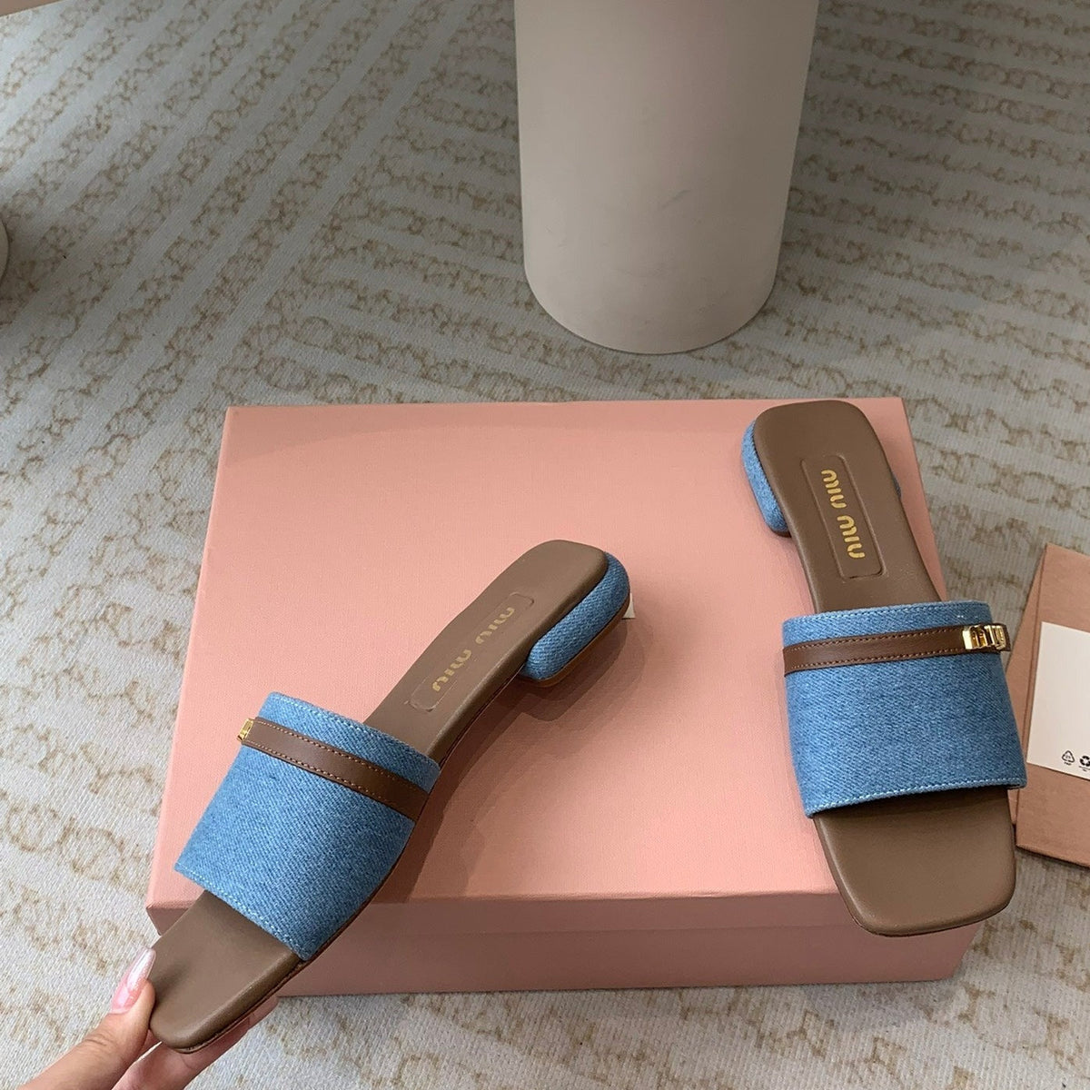 Women's Caramel Denim Slippers With Azure Blue Straps And Belt