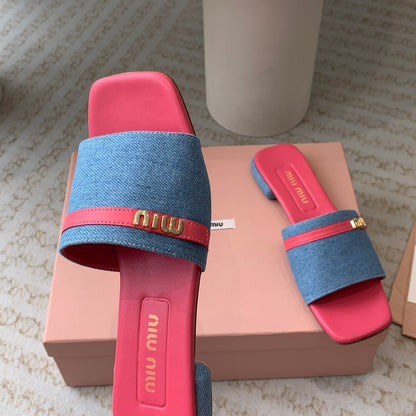 Women's Deep Pink Denim Slippers With Azure Blue Straps And Belt