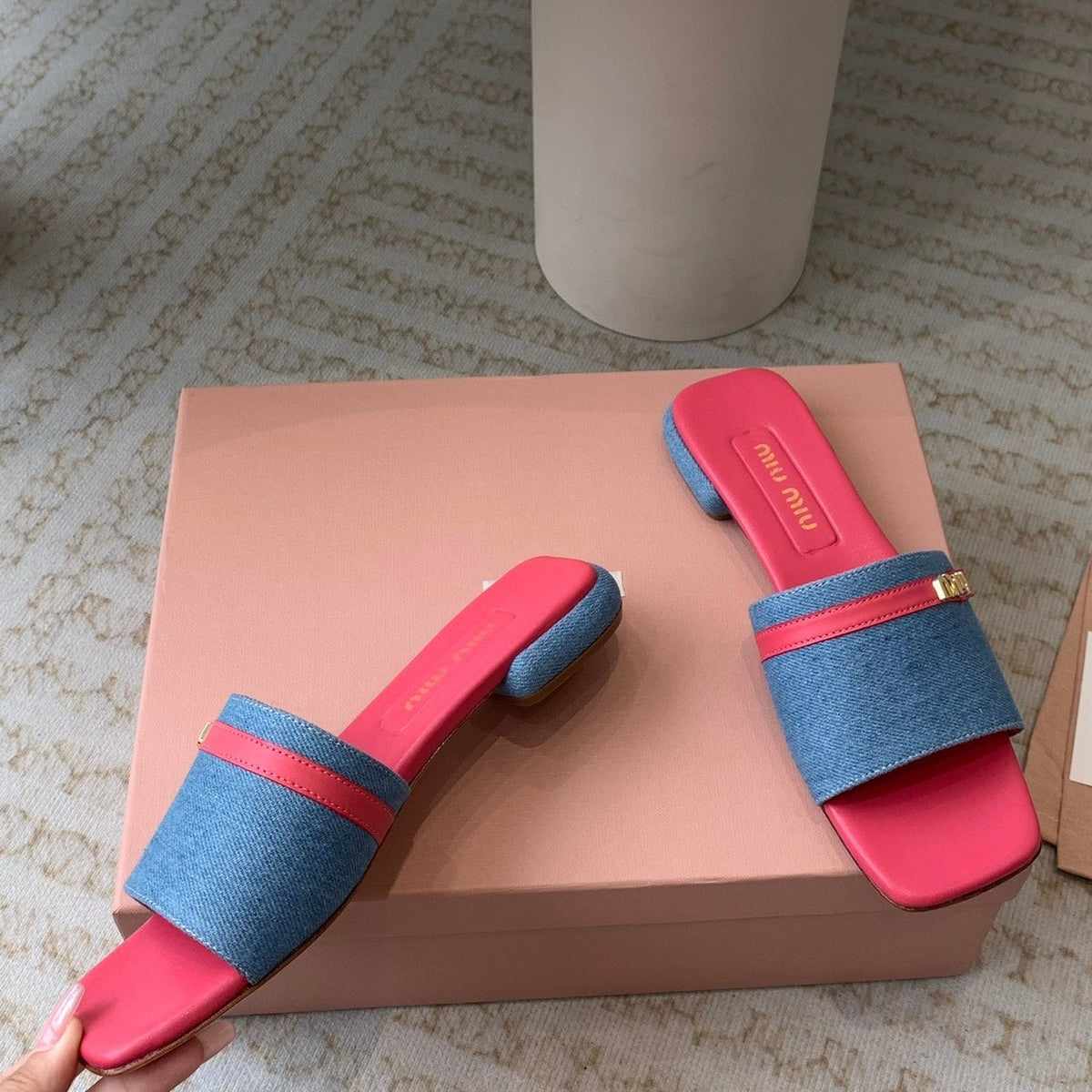 Women's Deep Pink Denim Slippers With Azure Blue Straps And Belt