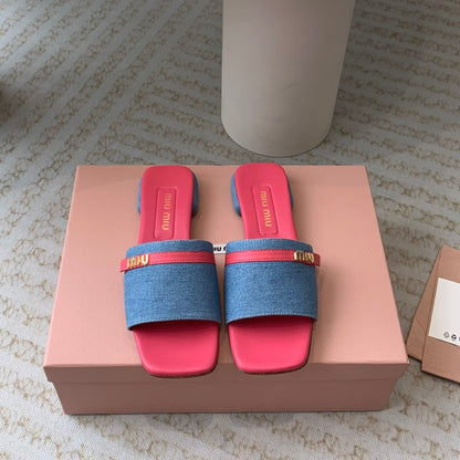 Women's Deep Pink Denim Slippers With Azure Blue Straps And Belt