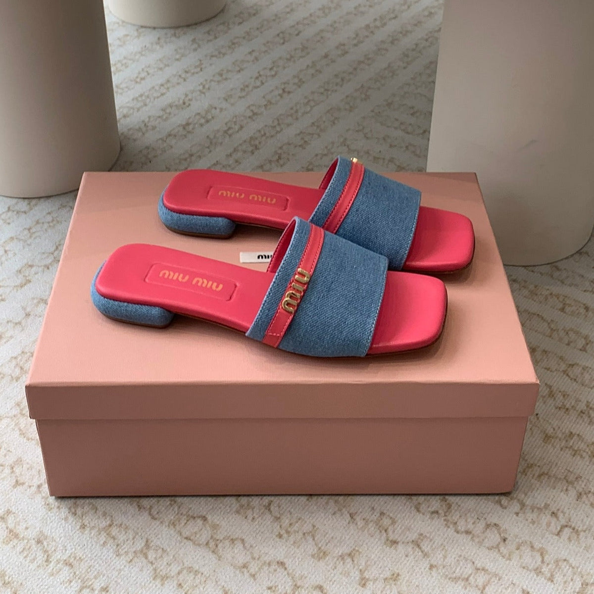 Women's Deep Pink Denim Slippers With Azure Blue Straps And Belt