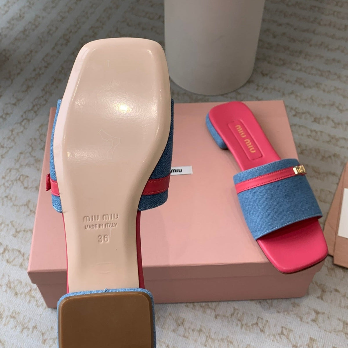 Women's Deep Pink Denim Slippers With Azure Blue Straps And Belt