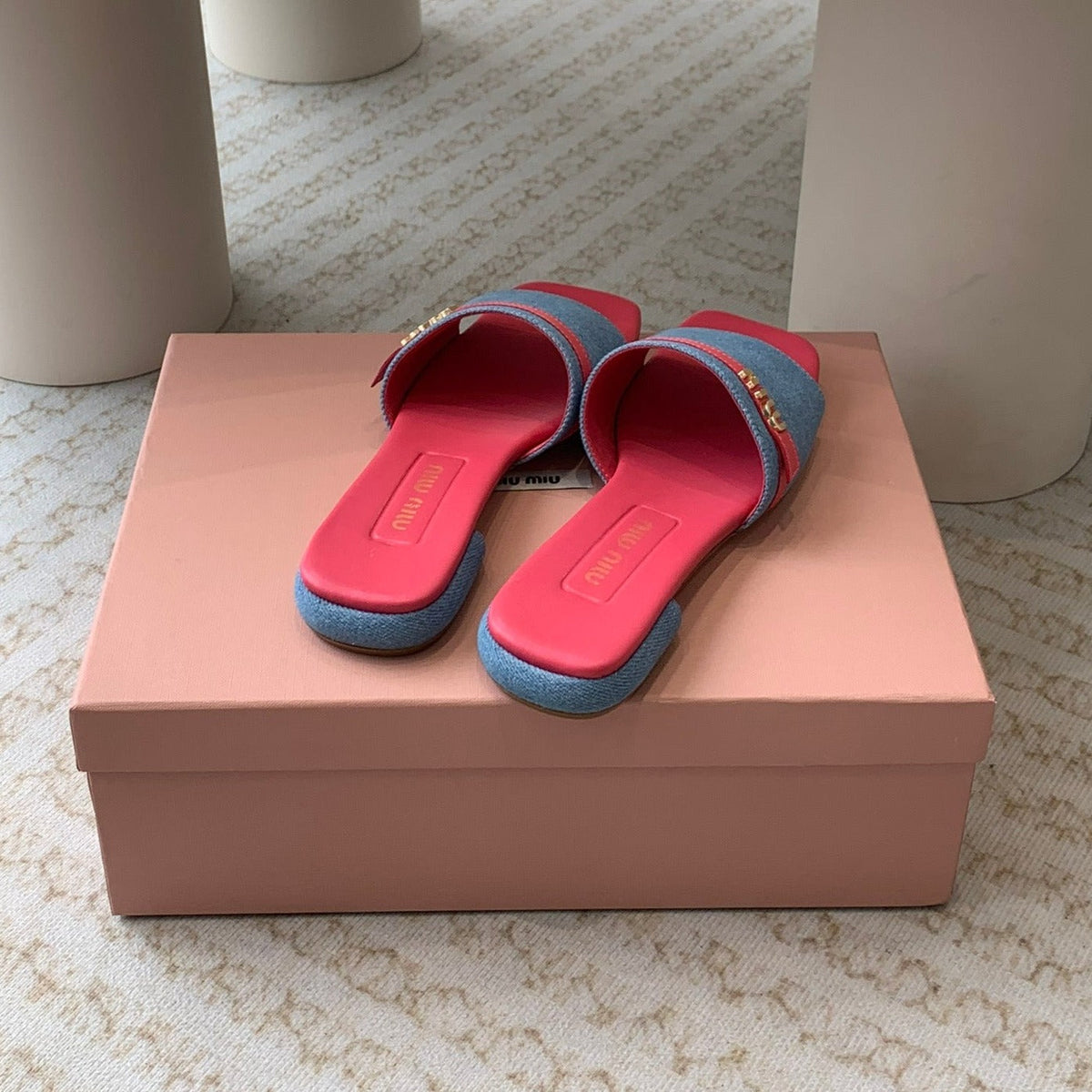 Women's Deep Pink Denim Slippers With Azure Blue Straps And Belt