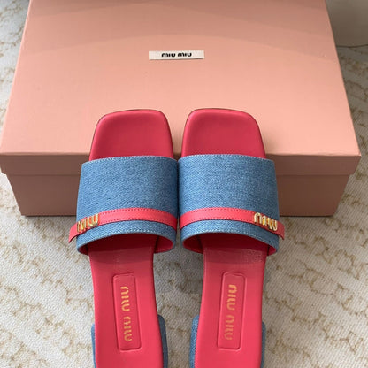 Women's Deep Pink Denim Slippers With Azure Blue Straps And Belt