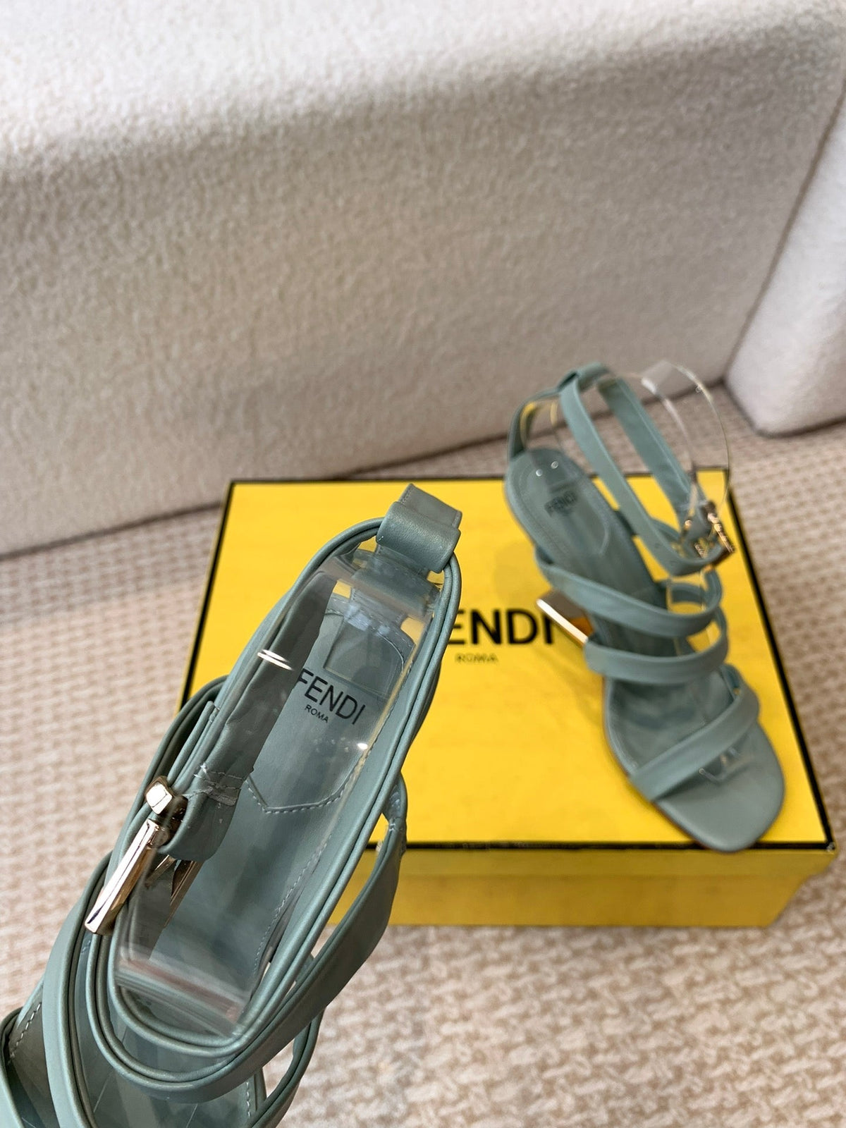 FENDI HIGH SANDAL 10 CM IN SAGE GREEN CALFSKIN