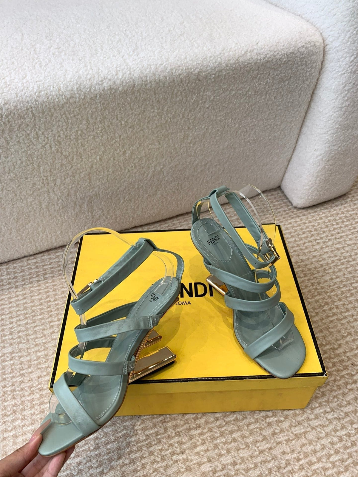 FENDI HIGH SANDAL 10 CM IN SAGE GREEN CALFSKIN