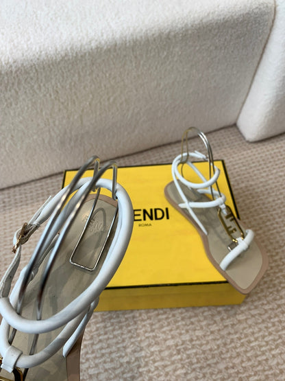 FENDI O'LOCK THONG SANDAL WHITE CALFSKIN WITH GOLD HARDWARE