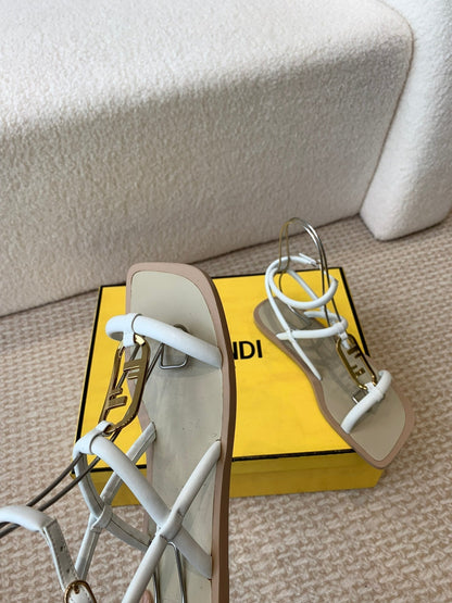 FENDI O'LOCK THONG SANDAL WHITE CALFSKIN WITH GOLD HARDWARE