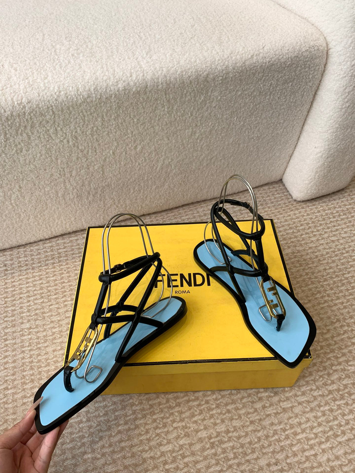 FENDI O'LOCK THONG SANDAL BLACK AND BLUE CALFSKIN WITH GOLD HARDWARE