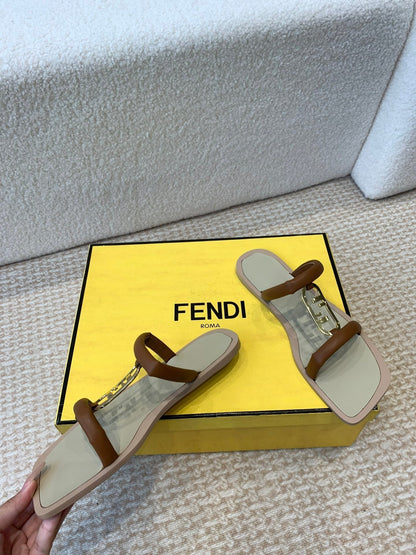 FENDI O'LOCK SLIDES BROWN CALFSKIN WITH GOLD HARDWARE