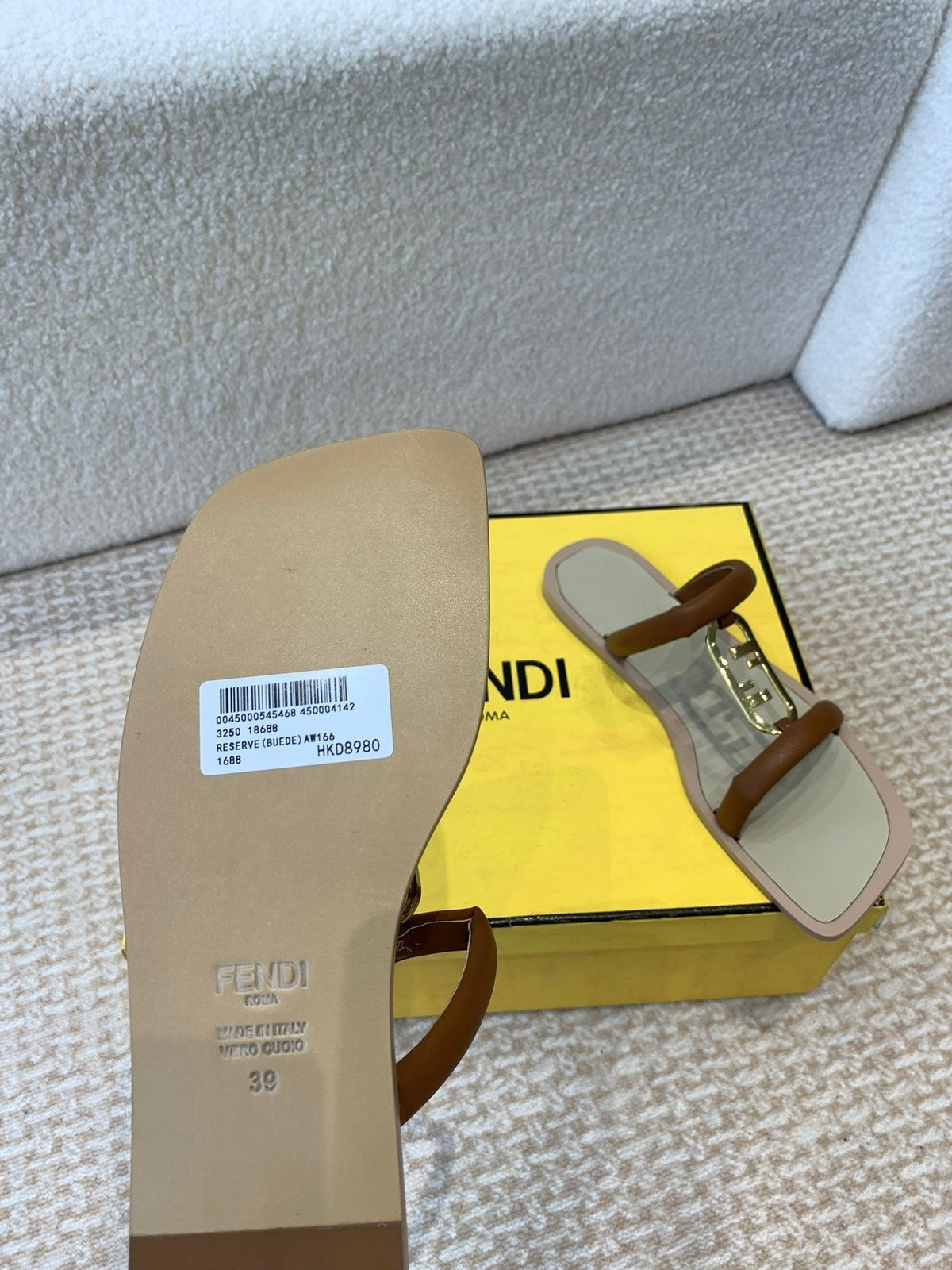 FENDI O'LOCK SLIDES BROWN CALFSKIN WITH GOLD HARDWARE