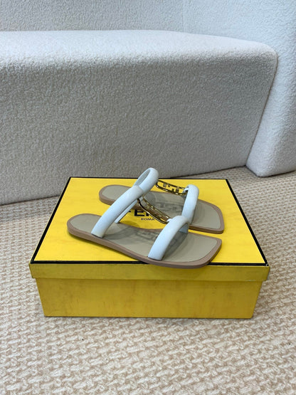 FENDI O'LOCK SLIDES WHITE CALFSKIN WITH GOLD HARDWARE
