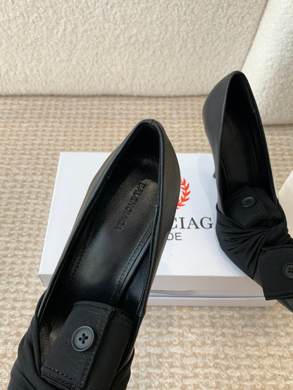 KNIFE CHEMISE HIGH PUMPS IN BLACK COTTON AND CALFSKIN