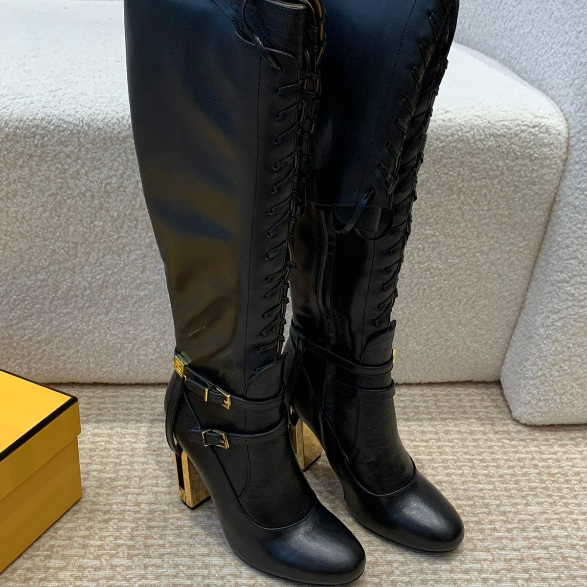 OVER THE KNEE LACE-UP HIGH BOOTS IN BLACK CALFSKIN