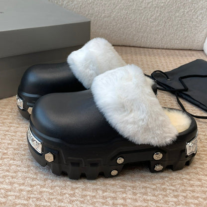 PLATFORM MULES IN BLACK RUBBER MIX RABBIT FUR SILVER HARDWARE