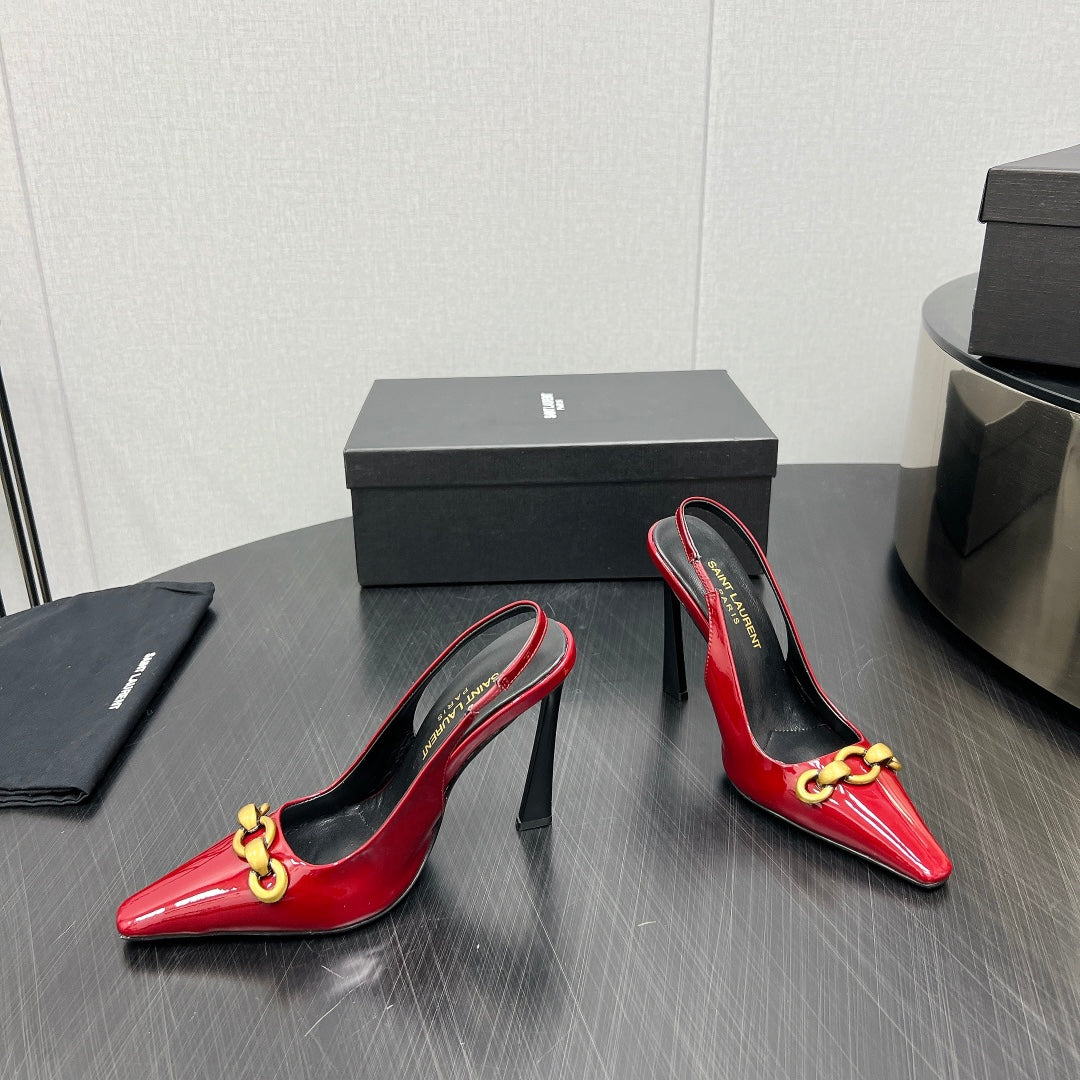 GOLD CHAIN ATTACHED HIGH SLINGBACK IN RED GLOSSY CALFSKIN