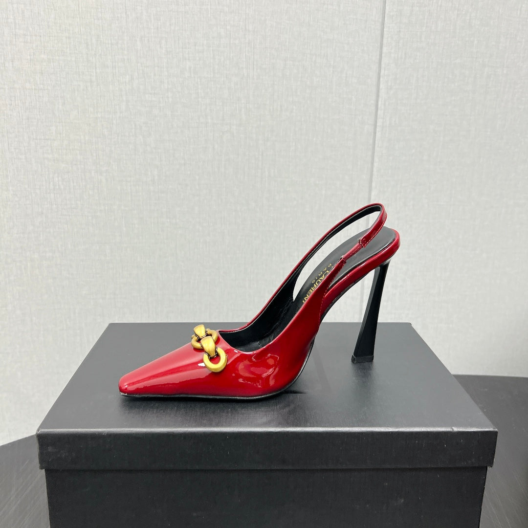 GOLD CHAIN ATTACHED HIGH SLINGBACK IN RED GLOSSY CALFSKIN