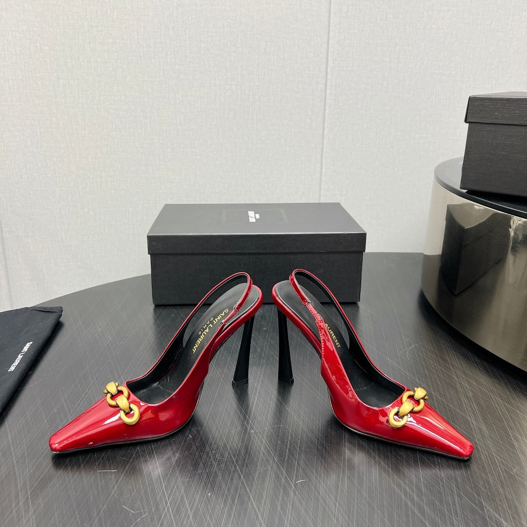 GOLD CHAIN ATTACHED HIGH SLINGBACK IN RED GLOSSY CALFSKIN