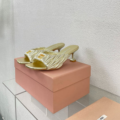 Women's Mid - Heel Metallic Yellow Color Leather Stylized