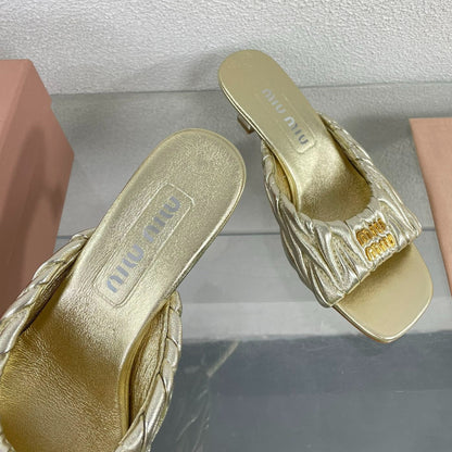 Women's Mid - Heel Metallic Yellow Color Leather Stylized