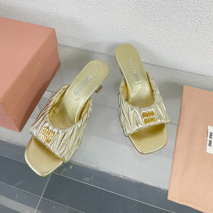 Women's Mid - Heel Metallic Yellow Color Leather Stylized