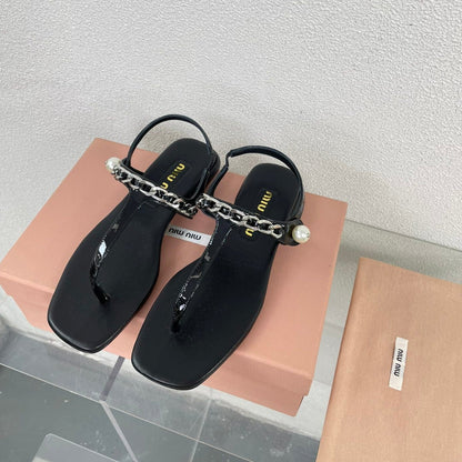 Pearl Chain Flip-Flops Black Color Leather
