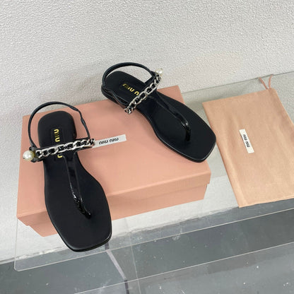 Pearl Chain Flip-Flops Black Color Leather