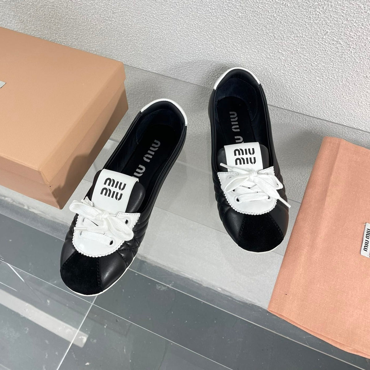 Black Leather Ballet Flats With White