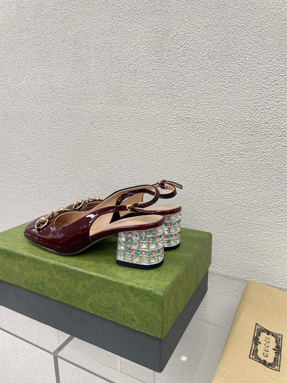 GG WOMEN'S HORSEBIT SLINGBACK IN WINE RED CALFSKIN WITH RHINSTONES