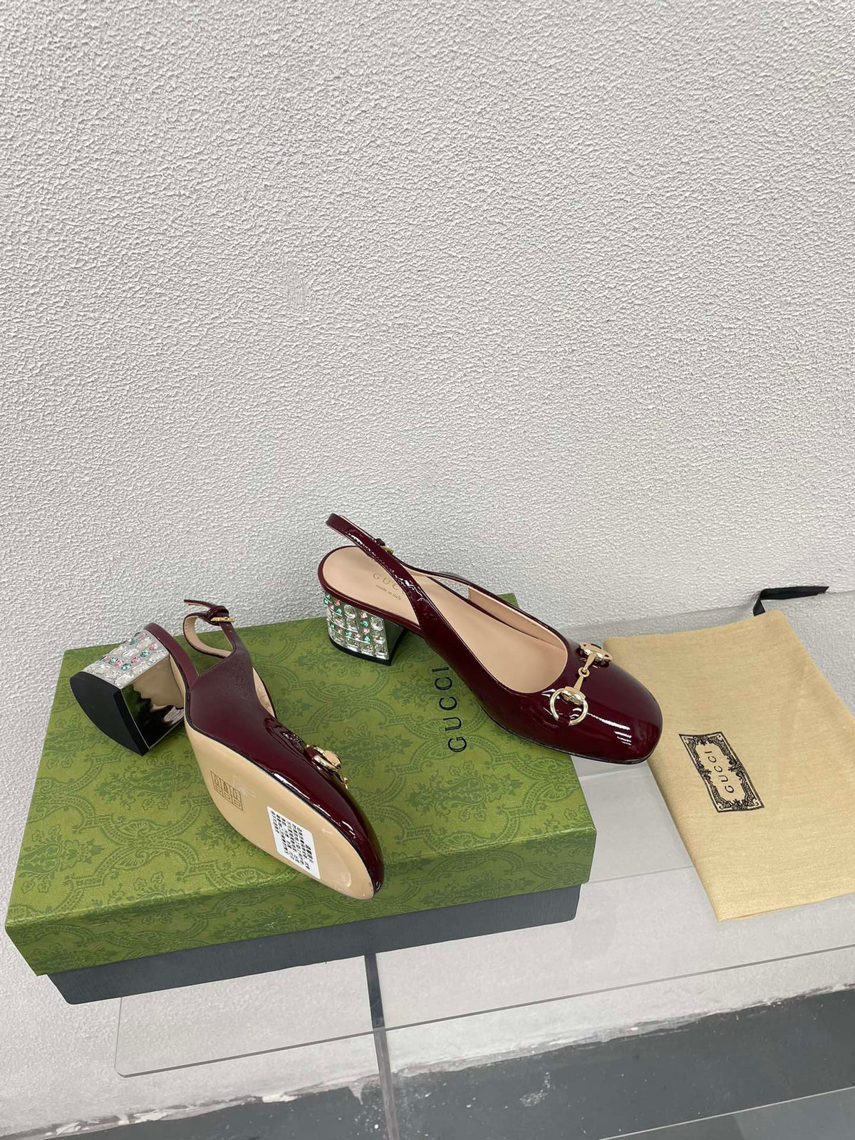 GG WOMEN'S HORSEBIT SLINGBACK IN WINE RED CALFSKIN WITH RHINSTONES