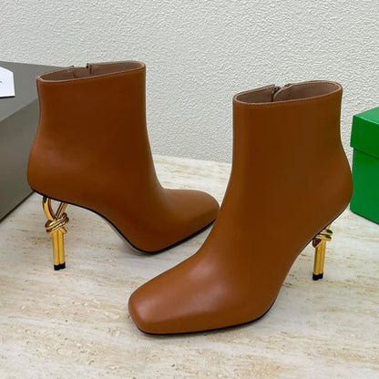 KNOT ANKLE BOOT IN BRONZE BROWN CALFSKIN WITH GOLD METAL HEEL 9 CM