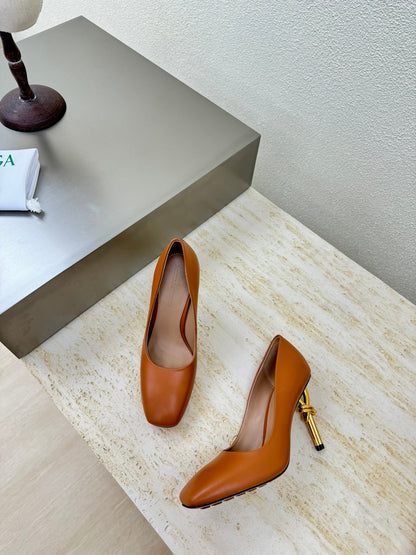 KNOT HIGH PUMP IN BRONZE BROWN AND GOLD METAL HEEL 9 CM