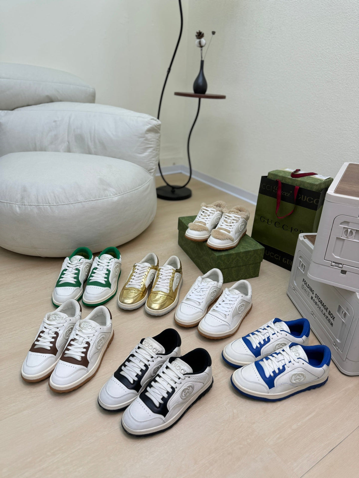 GG INTERLOCKING G SNEAKER WHITE BROWN CALFSKIN AND FABRIC