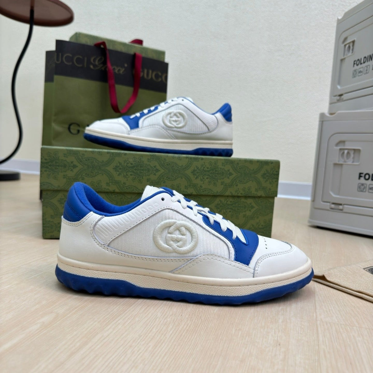 GG INTERLOCKING G SNEAKER BLUE WHITE CALFSKIN AND FABRIC