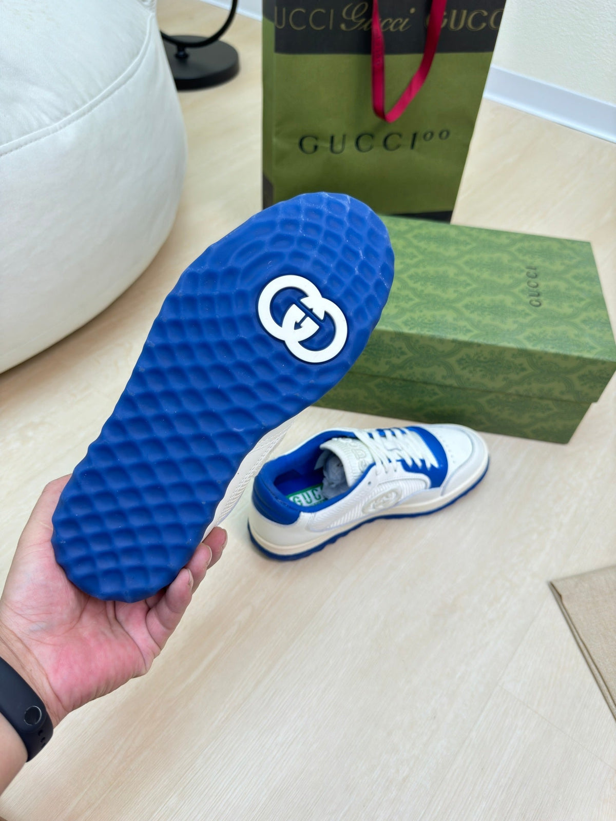 GG INTERLOCKING G SNEAKER BLUE WHITE CALFSKIN AND FABRIC