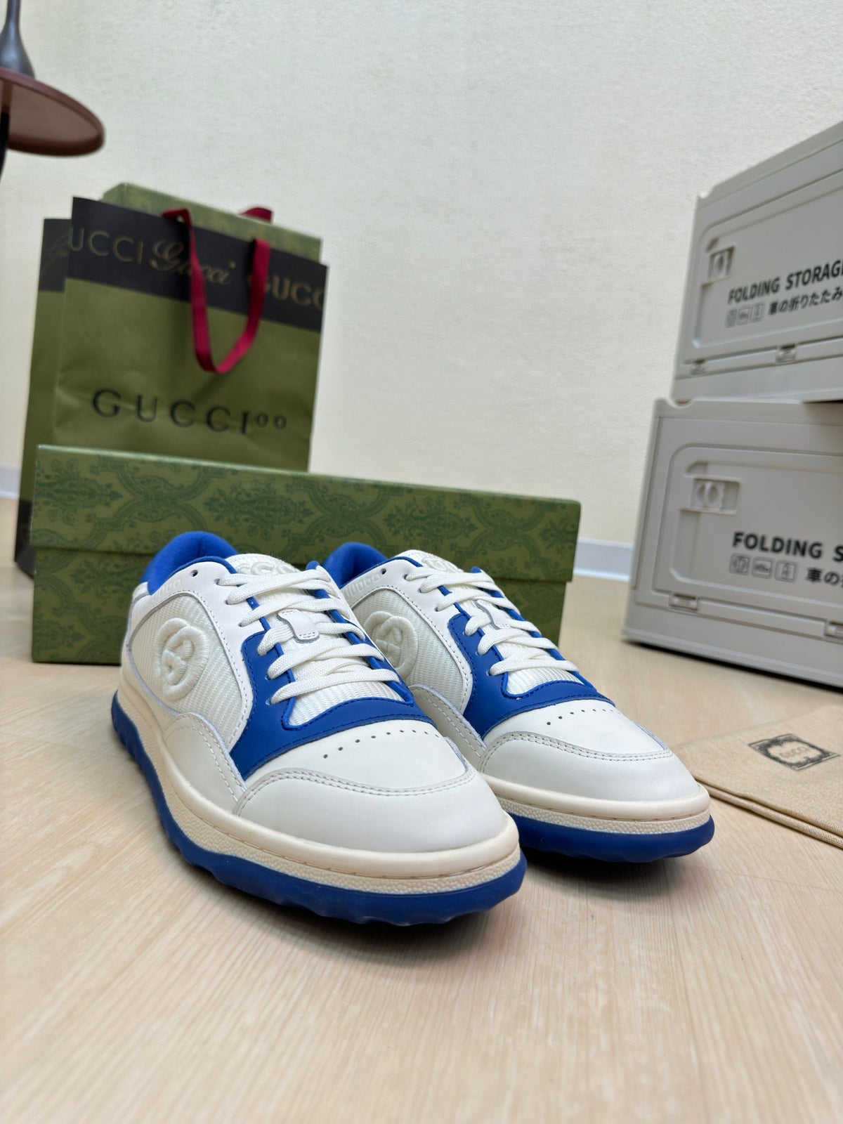 GG INTERLOCKING G SNEAKER BLUE WHITE CALFSKIN AND FABRIC