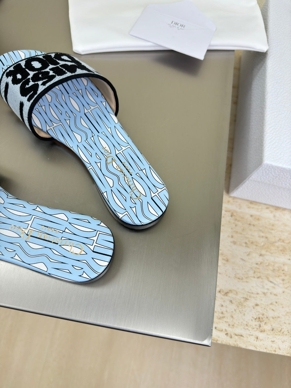 DWAY SLIDE EMBROIDERED COTTON AND POWDER BLUE MISS DIOR ALLOVER MOTIF