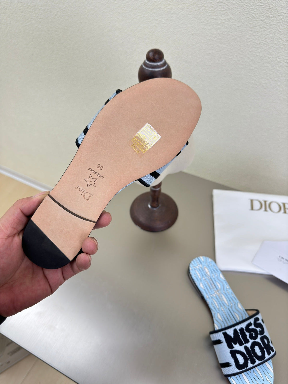DWAY SLIDE EMBROIDERED COTTON AND POWDER BLUE MISS DIOR ALLOVER MOTIF