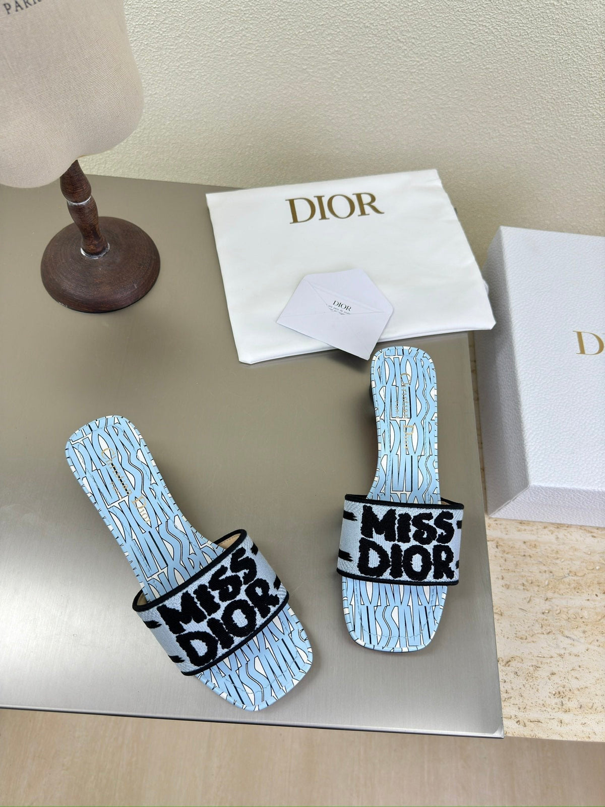 DWAY HEELED SLIDE EMBROIDERED COTTON AND LIGHT PINK MISS DIOR ALLOVER MOTIF 35 MM