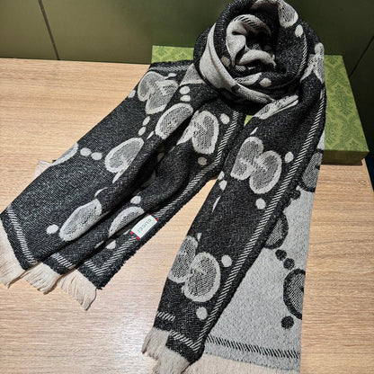 SCARF 195 CM IN BLACK AND LIGHT GRAY GG WOOL LAMÉ JACQUARD 403977