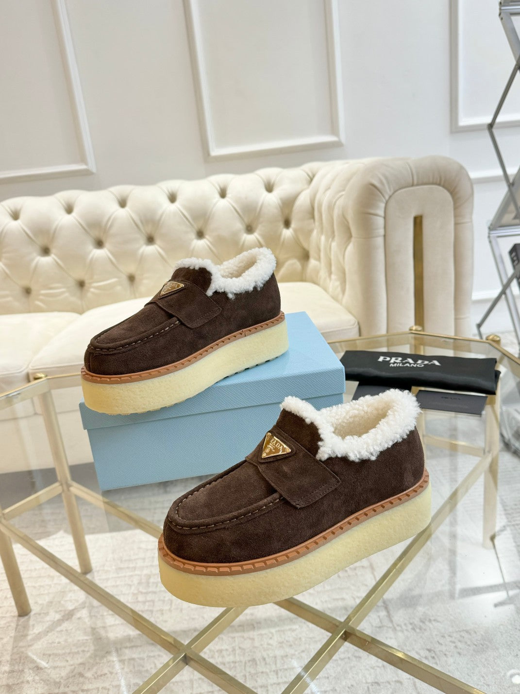 SUEDE LOAFER CHOCOLATE WITH SHEARLING LINING