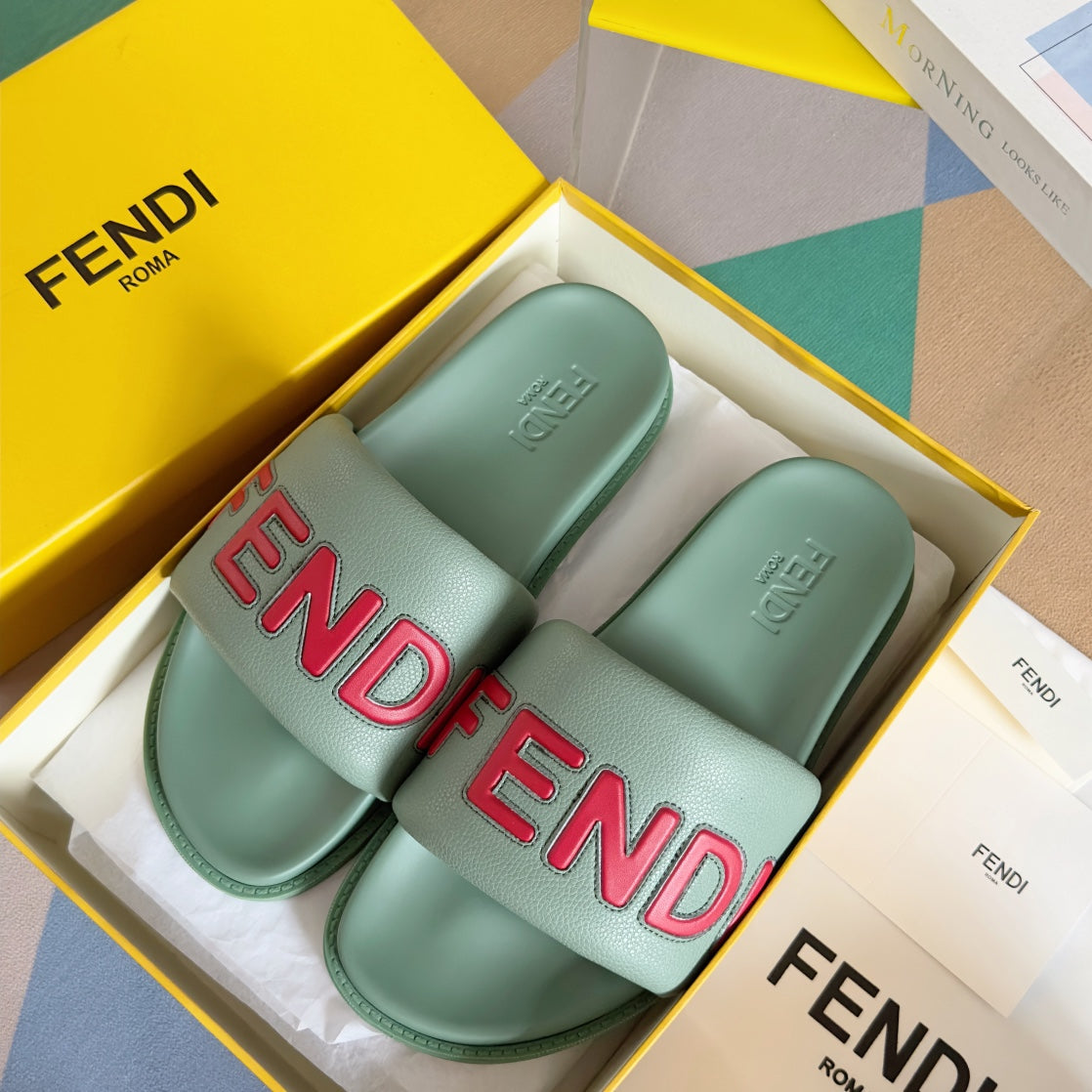 FENDI ROMA SLIDE IN SEAFOAM GREEN GRAINED CALFSKIN WITH RED LOGO