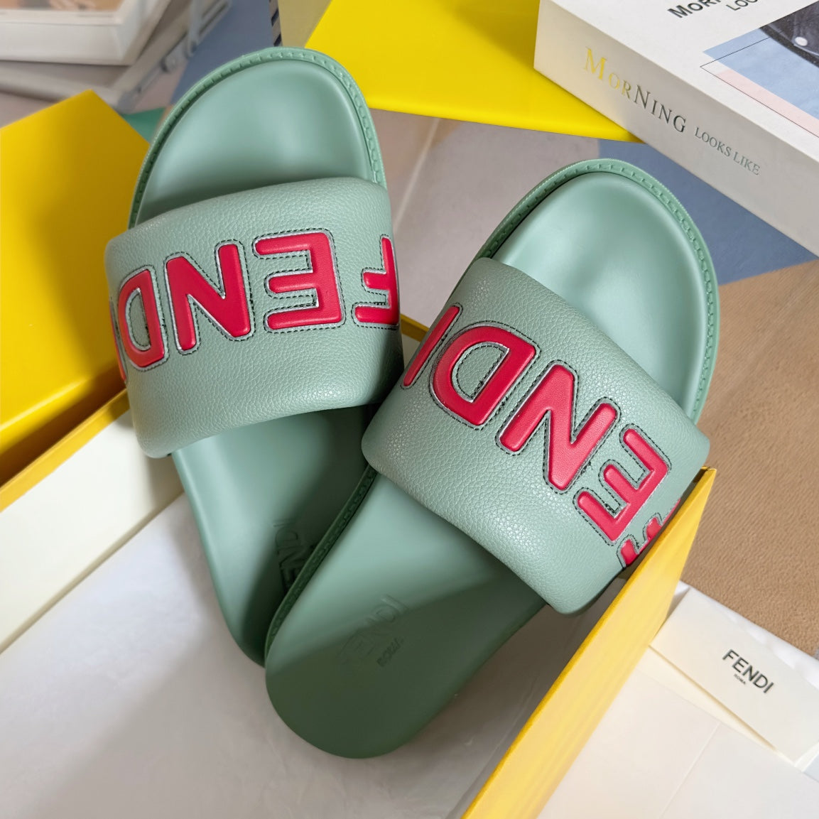 FENDI ROMA SLIDE IN SEAFOAM GREEN GRAINED CALFSKIN WITH RED LOGO