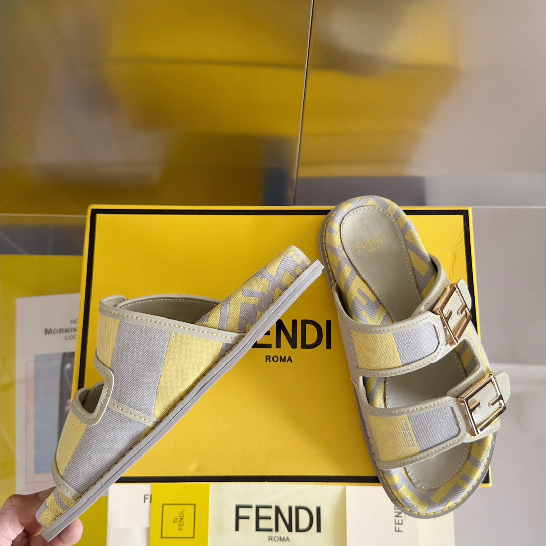 FENDI DAD SANDAL IN YELLOW MIX LIGHT PURPLE CANVAS WITH GOLD HARDWARE