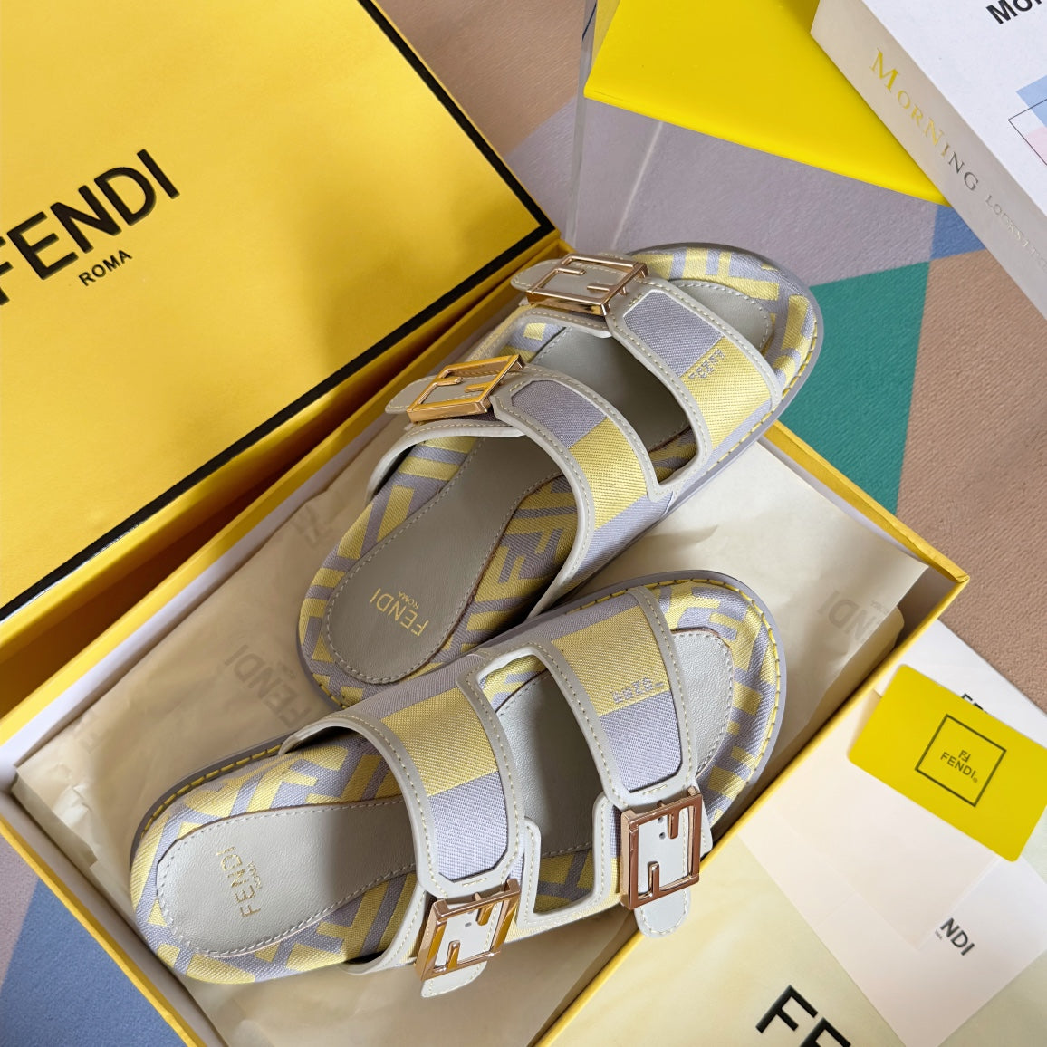 FENDI DAD SANDAL IN YELLOW MIX LIGHT PURPLE CANVAS WITH GOLD HARDWARE