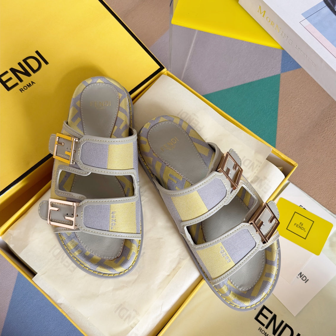 FENDI DAD SANDAL IN YELLOW MIX LIGHT PURPLE CANVAS WITH GOLD HARDWARE