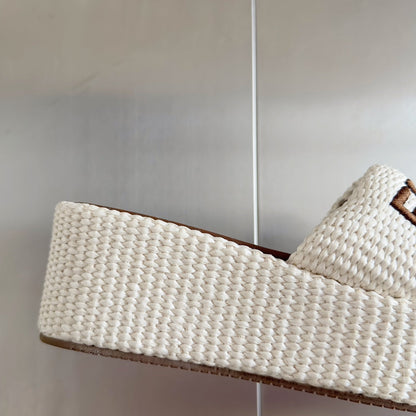 FENDI PLATFORM WEDGES IN WHITE RAFFIA WITH BROWN EMBROIDERED LOGO
